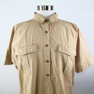 J Crew Womens Cotton Short Sleeve Solid Beige Henley Blouse Shirt Size 12
